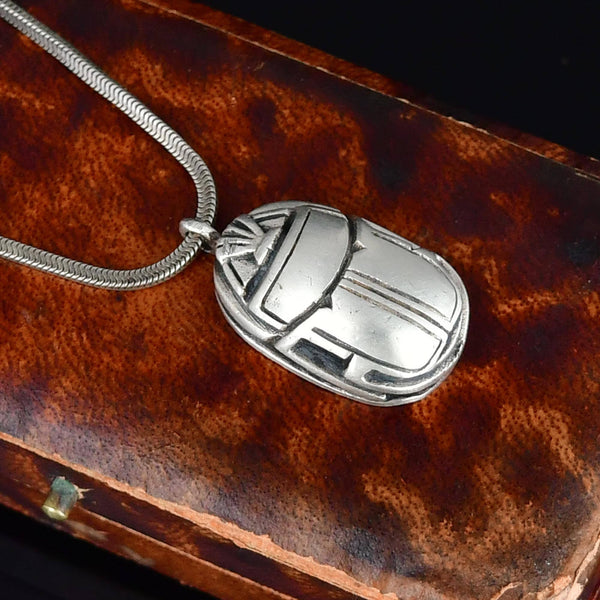Antique Heavy Sterling Silver Scarab Pendant Necklace - Boylerpf