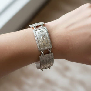 Antique Floral Butterfly Acorn Sterling Silver Panel Bracelet - Boylerpf