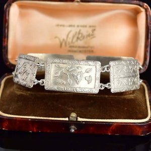 Antique Floral Butterfly Acorn Sterling Silver Panel Bracelet - Boylerpf