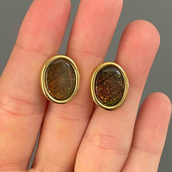 Vintage Gold Fill Ammolite Cabochon Earrings - Boylerpf