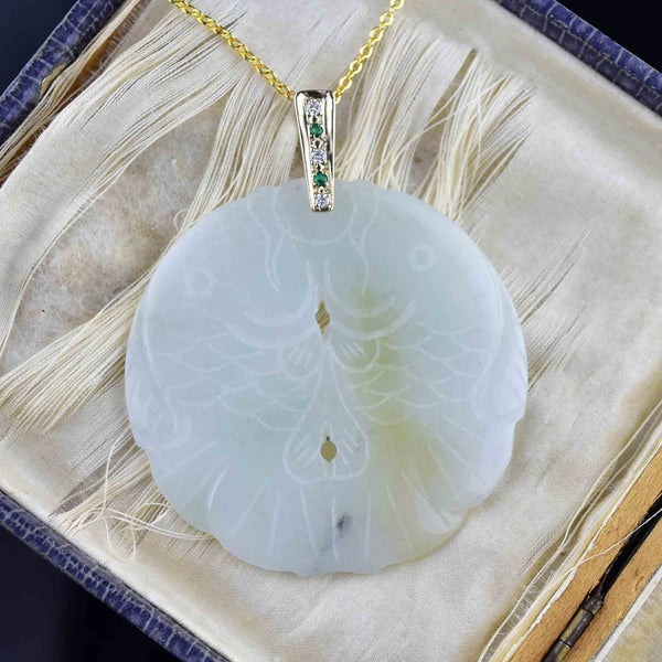 14K Gold Diamond Emerald Jade Fish Pendant Necklace - Boylerpf