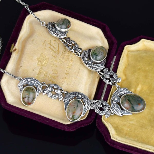 Antique Arts & Crafts Silver Dendritic Moss Agate Necklace - Boylerpf