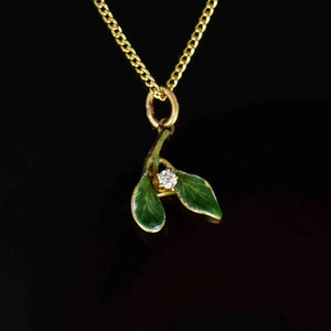 14K Gold Diamond Green Enamel Mistletoe Leaf Pendant Necklace - Boylerpf