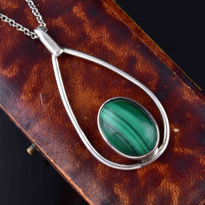 Vintage Sterling Silver Malachite Pendant Necklace - Boylerpf