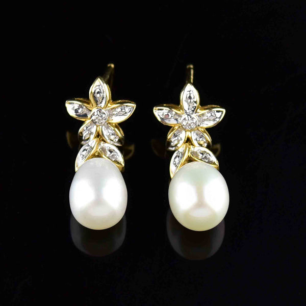 Vintage 14K Gold Flower Diamond Pearl Stud Drop Earrings - Boylerpf