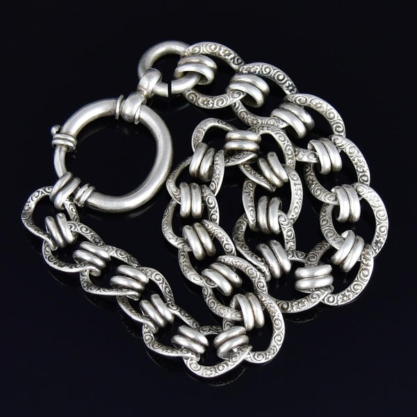 Antique Ornate Silver Bolt Clasp Mens Chain Bracelet - Boylerpf