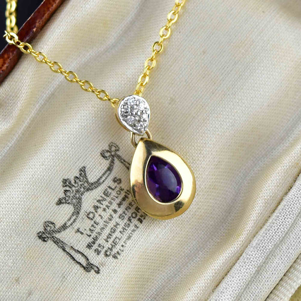 Vintage 14K Gold Diamond Amethyst Pendant Necklace - Boylerpf