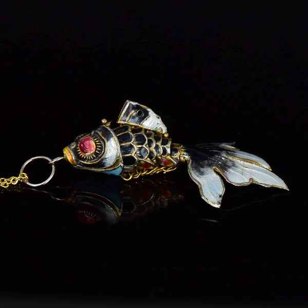 Vintage Gold Vermeil Black Enamel Large Koi Fish Pendant Necklace - Boylerpf