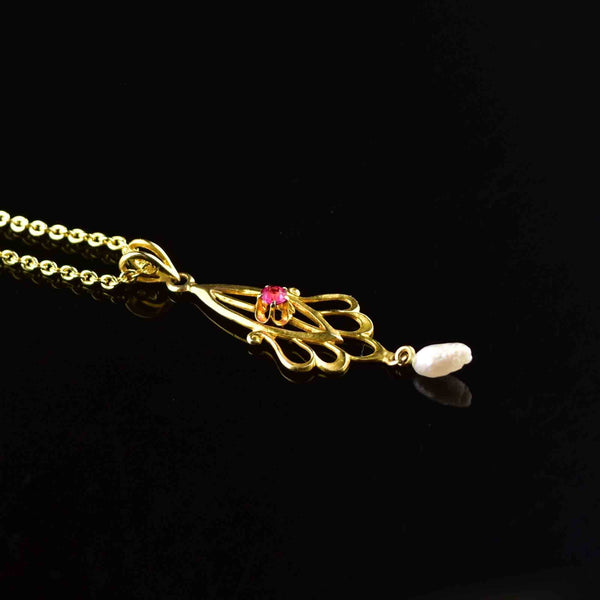 Antique 10K Gold Ruby Pearl Lavalier Pendant Necklace - Boylerpf