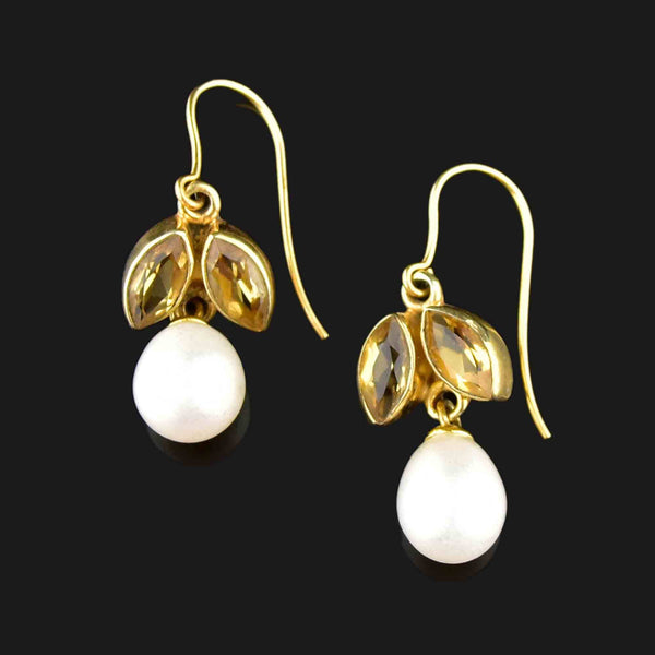 Vintage Gold Citrine Baroque Pearl Flower Earrings - Boylerpf