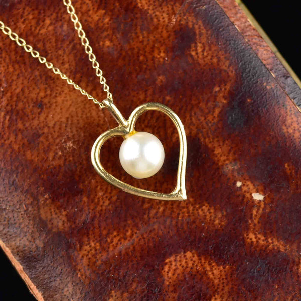 Vintage 14K Gold Pearl Open Heart Pendant Necklace - Boylerpf