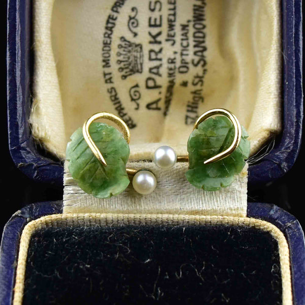 14K Gold Carved Leaf Jade Pearl Stud Earrings - Boylerpf