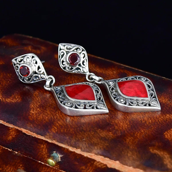Vintage Sterling Silver Jasper Garnet Drop Earrings