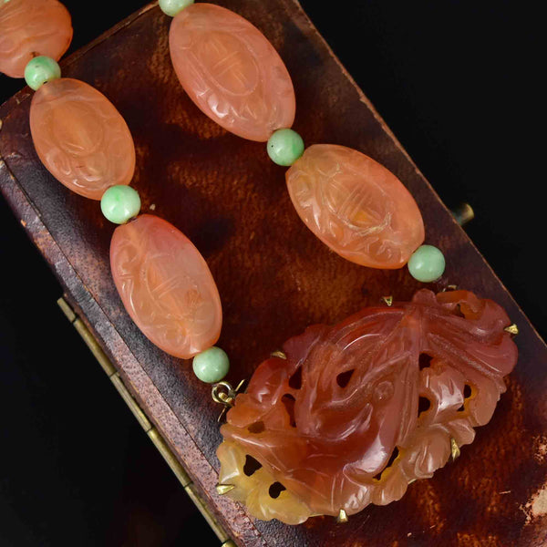 Vintage 14K Gold Jade Carved Phoenix Carnelian Necklace