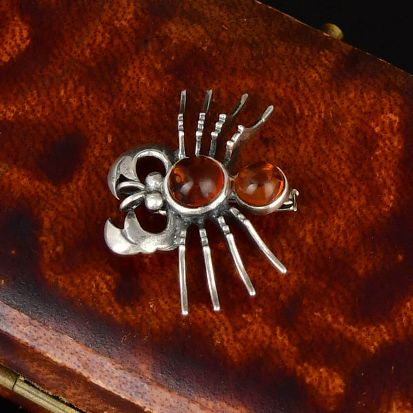 Vintage Amber Cabochon Sterling Silver Crab Zodiac Brooch