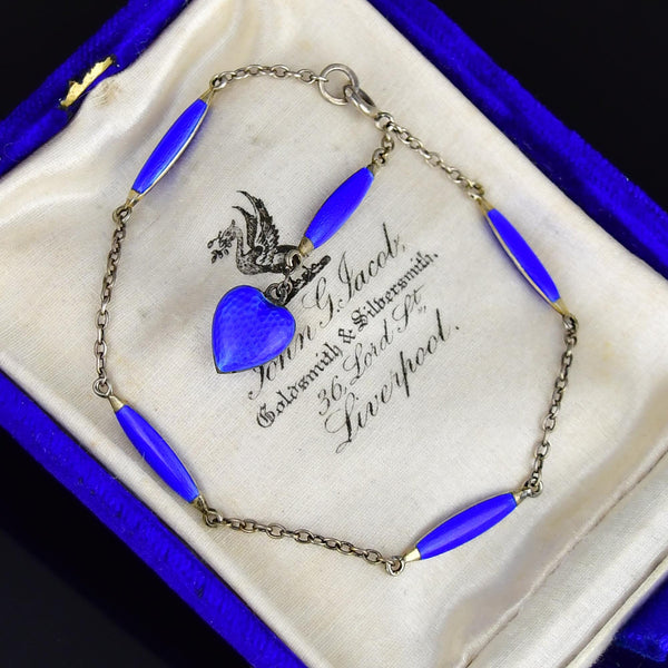 Art Deco Sterling Silver Cobalt Blue Enamel Heart Bracelet