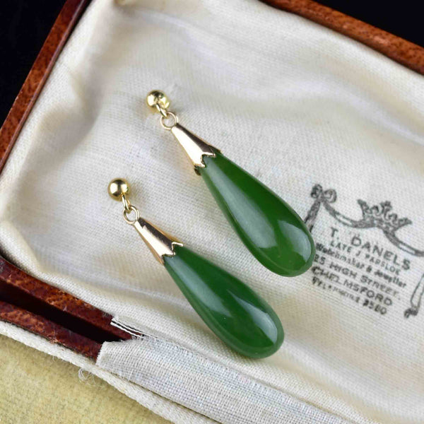 Vintage Natural Jade Teardrop Pendant Earrings in 14K Gold - Boylerpf