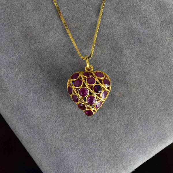 Vintage 14K Gold Filigree Ruby Sapphire Heart Pendant Necklace - Boylerpf