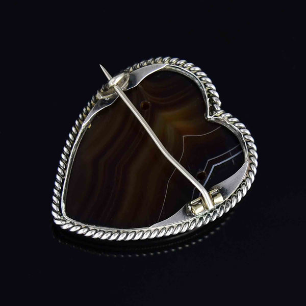 Antique Victorian Silver Scottish Banded Agate Heart Brooch - Boylerpf
