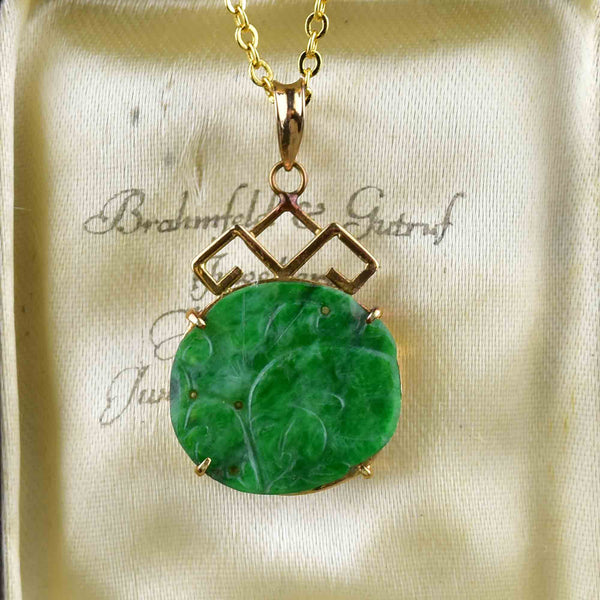 14K Gold Carved Green Jade Fish Pendant Necklace - Boylerpf