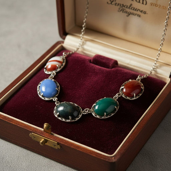 Vintage Arts and Crafts Style Silver Agate Cabochon Necklace