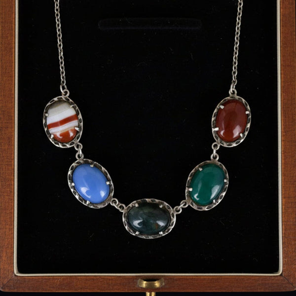 Vintage Arts and Crafts Style Silver Agate Cabochon Necklace - Boylerpf