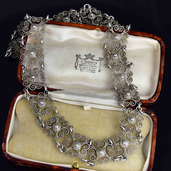 Vintage Art Deco Style Danish Silver Filigree Collar Necklace - Boylerpf