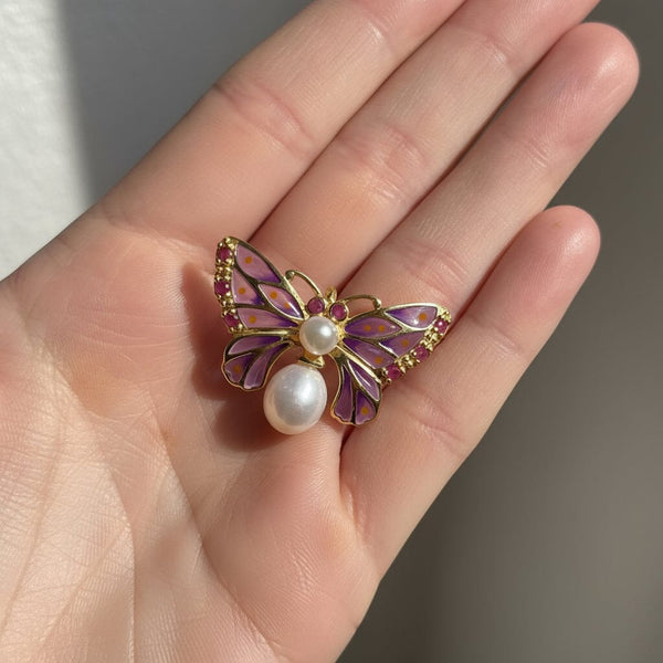 Plique a Jour Enamel Pearl Ruby Butterfly Brooch Pendant