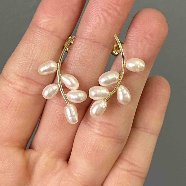 Vintage 14K Gold Bar Baroque Pearl Leaf Earrings - Boylerpf