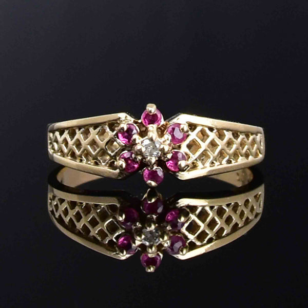 Vintage 10K Gold Basket Diamond Ruby Flower Cluster Ring - Boylerpf