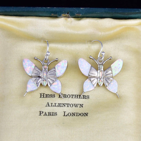 Vintage Sterling Silver Opal Butterfly Drop Earrings - Boylerpf