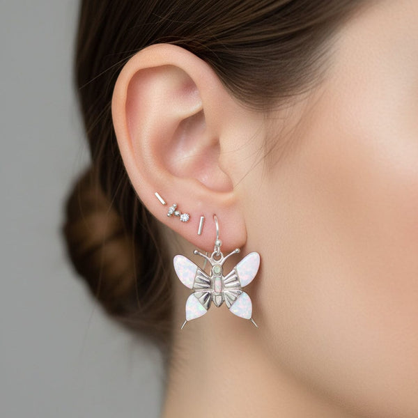 Vintage Sterling Silver Opal Butterfly Drop Earrings - Boylerpf
