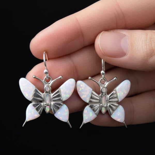 Vintage Sterling Silver Opal Butterfly Drop Earrings - Boylerpf