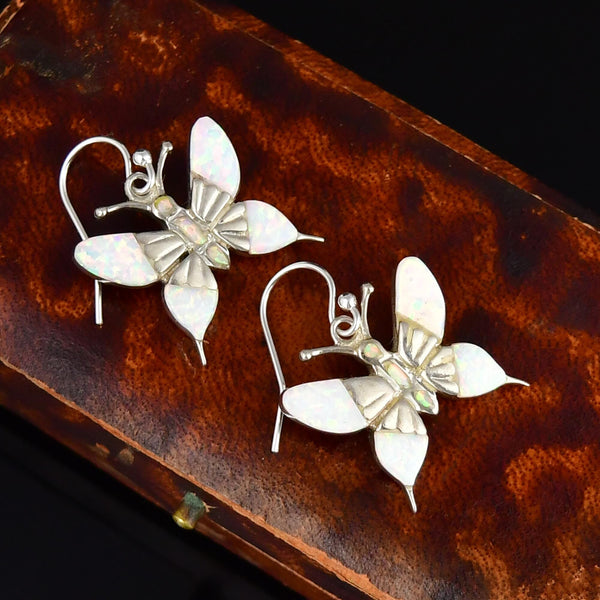 Vintage Sterling Silver Opal Butterfly Drop Earrings - Boylerpf