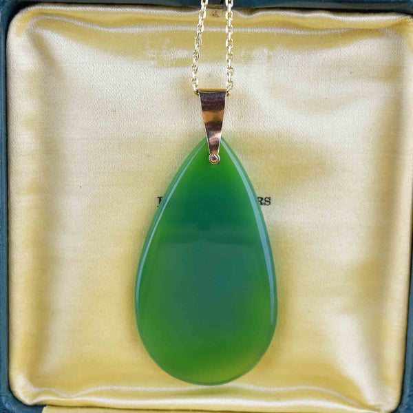Vintage Large Green Chalcedony Gold Pendant Necklace - Boylerpf
