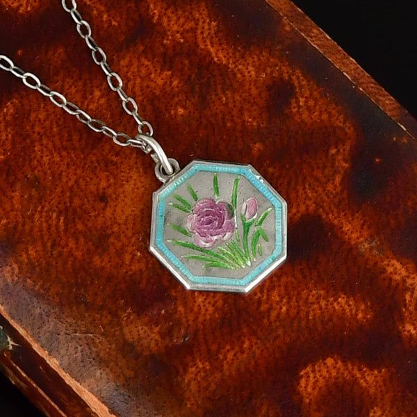 Antique Sterling Silver Enamel Flower Thomas L Mott Necklace