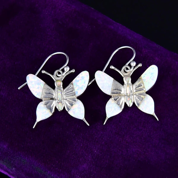 Vintage Sterling Silver Opal Butterfly Drop Earrings - Boylerpf