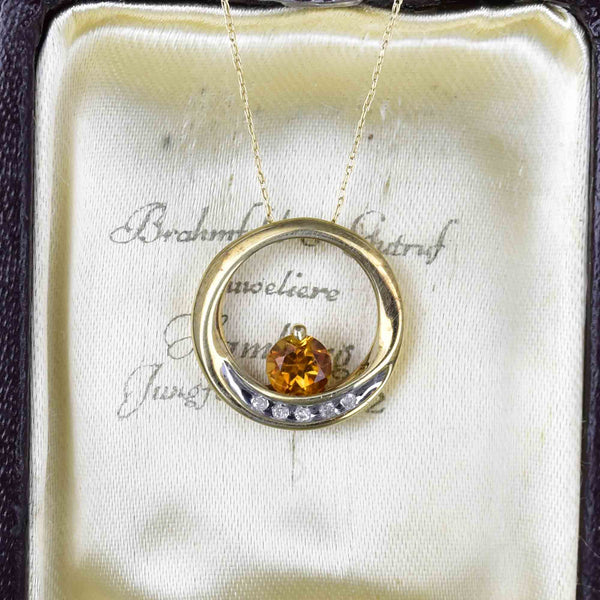 Vintage 10K Gold Diamond Citrine Circular Slider Pendant Necklace - Boylerpf