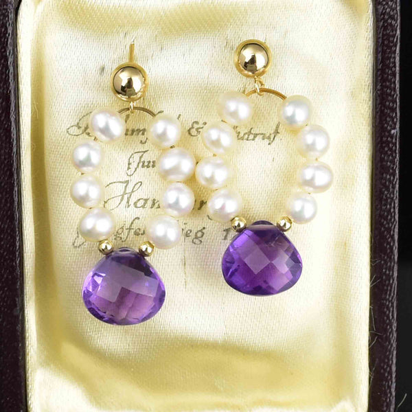 Vintage 14K Gold Amethyst Pearl Stud Hoop Drop Earrings - Boylerpf