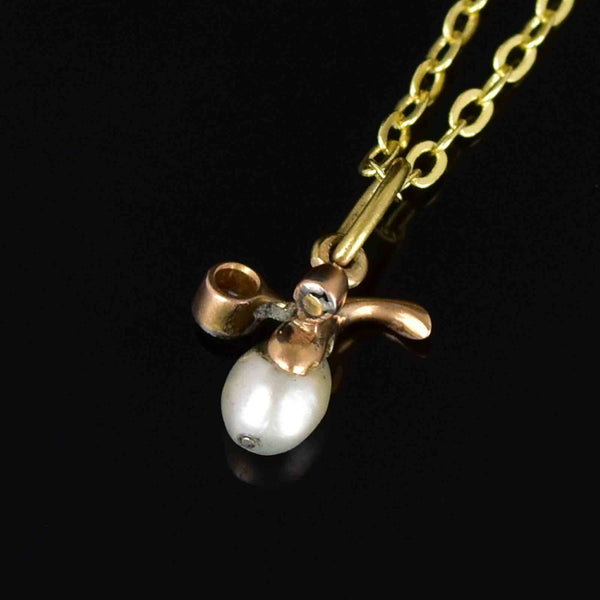 Antique Edwardian 14K Gold Diamond Pearl Charm Pendant Necklace - Boylerpf