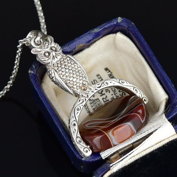 Vintage Banded Agate Sterling Silver Owl Spinner Necklace