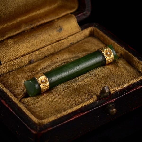Antique Jade 9K Gold Forget Me Not Bar Brooch