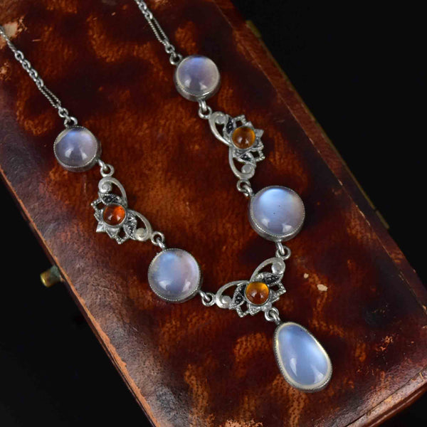 Vintage Silver Citrine Moonstone Pendant Drop Necklace - Boylerpf