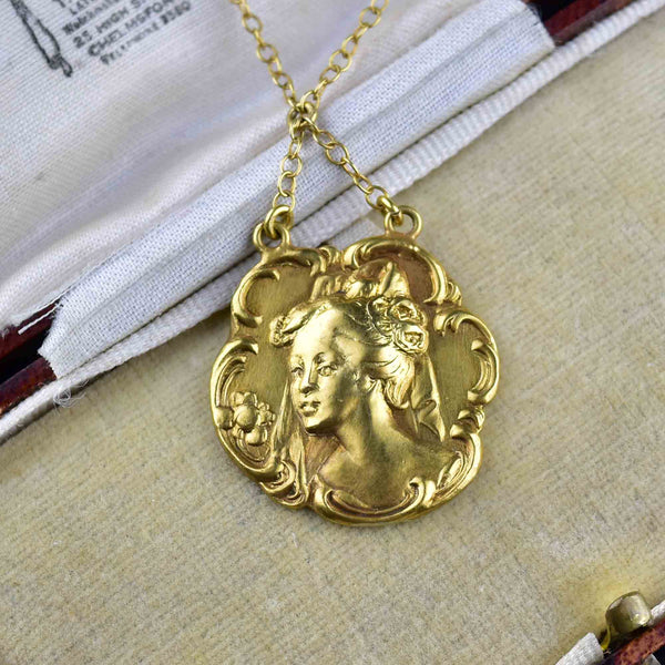 Antique Art Nouveau Gold Lady Pendant Necklace - Boylerpf
