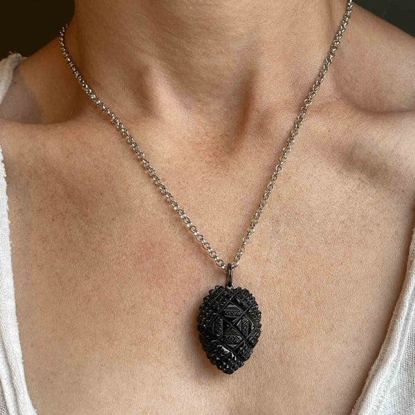 Victorian Mother of Pearl Feather Whitby Jet Pendant Necklace - Boylerpf