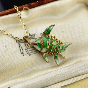 Vintage Green Enamel Sun Fish Pendant Necklace - Boylerpf