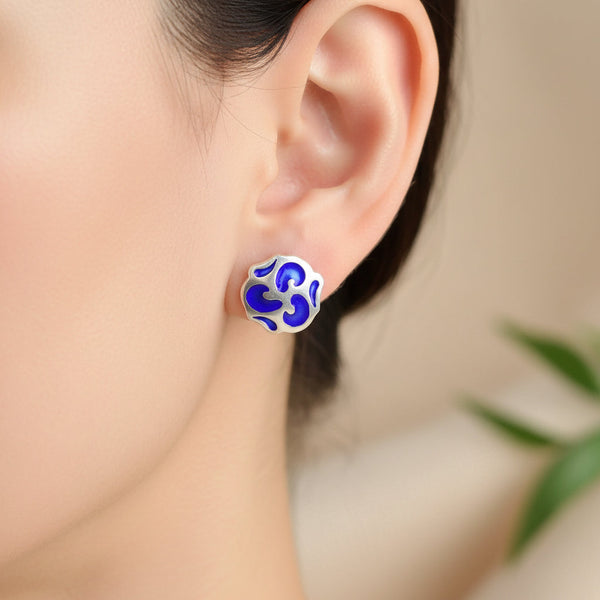 Vintage Sterling Silver Cobalt Blue Enamel Stud Earrings