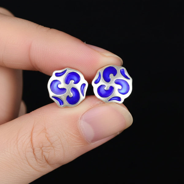 Vintage Sterling Silver Cobalt Blue Enamel Stud Earrings