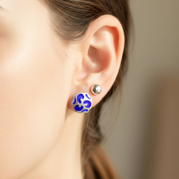 Vintage Sterling Silver Cobalt Blue Enamel Stud Earrings