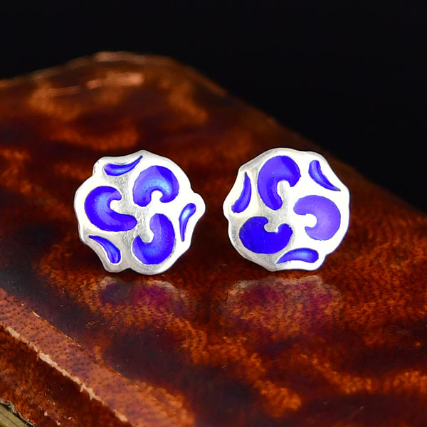 Vintage Sterling Silver Cobalt Blue Enamel Stud Earrings